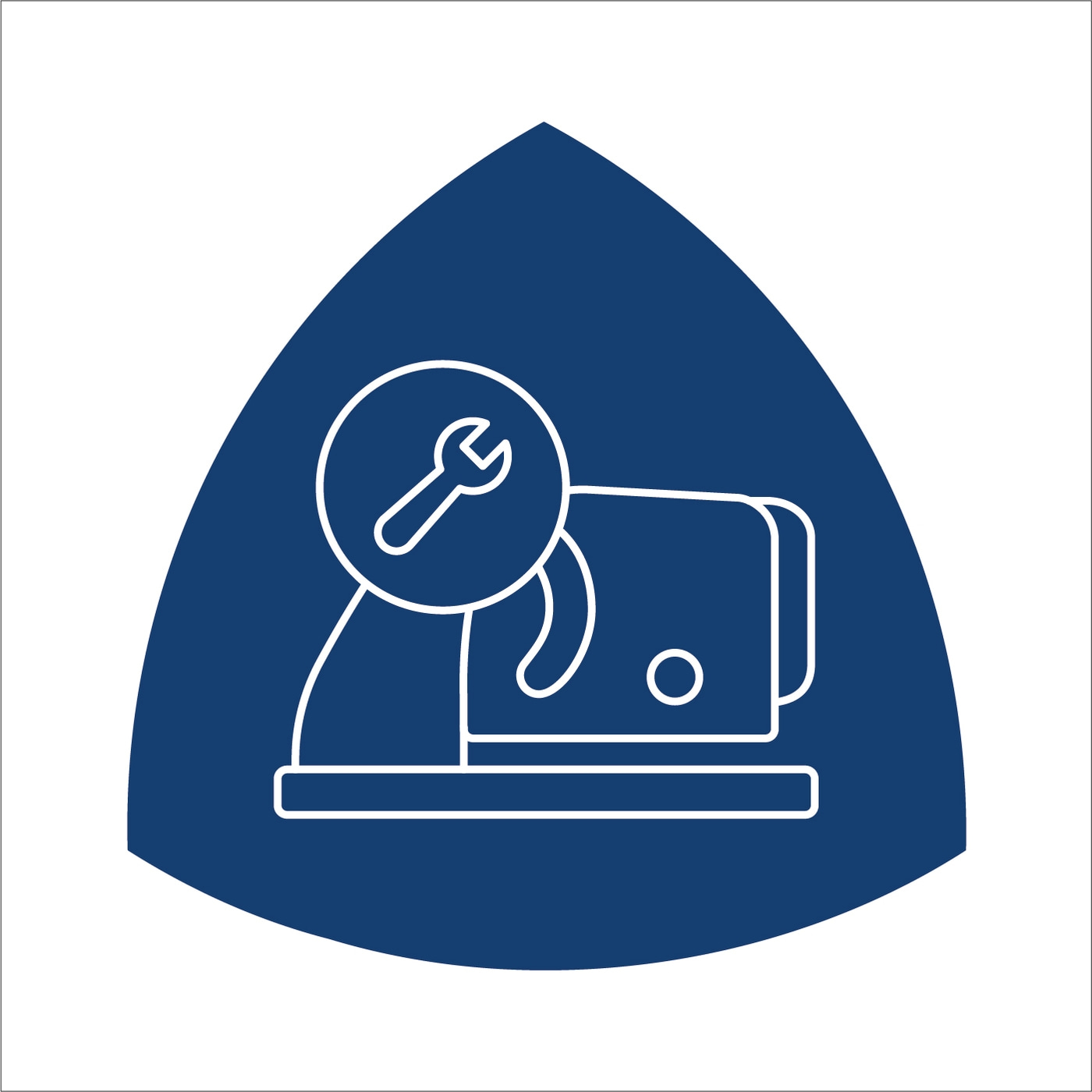 Reparatur-Symbol mit Schraubenschlüssel und Gerät in blauem Dreieck