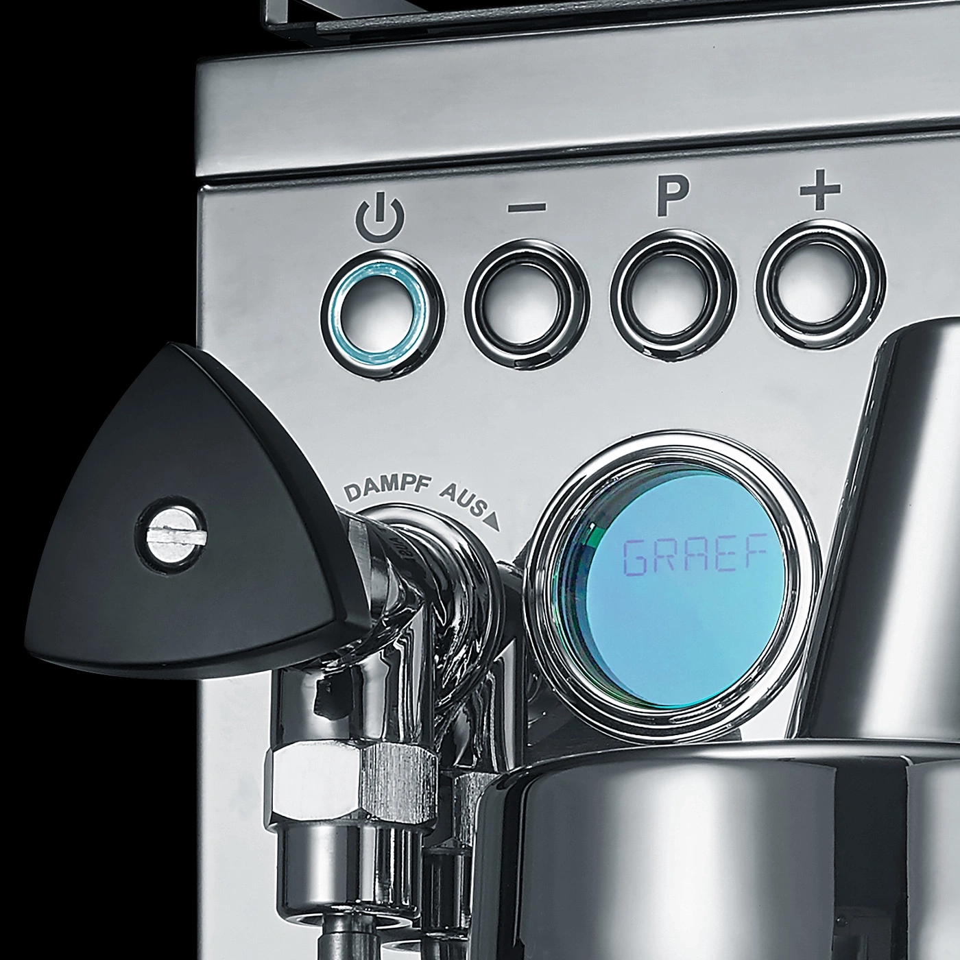 Coffee machine with buttons and display, GRAEF logo, steam selection