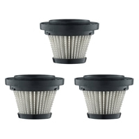 Drei schwarze Staubsaugerfilter auf weißem Hintergrund, sauber und neu