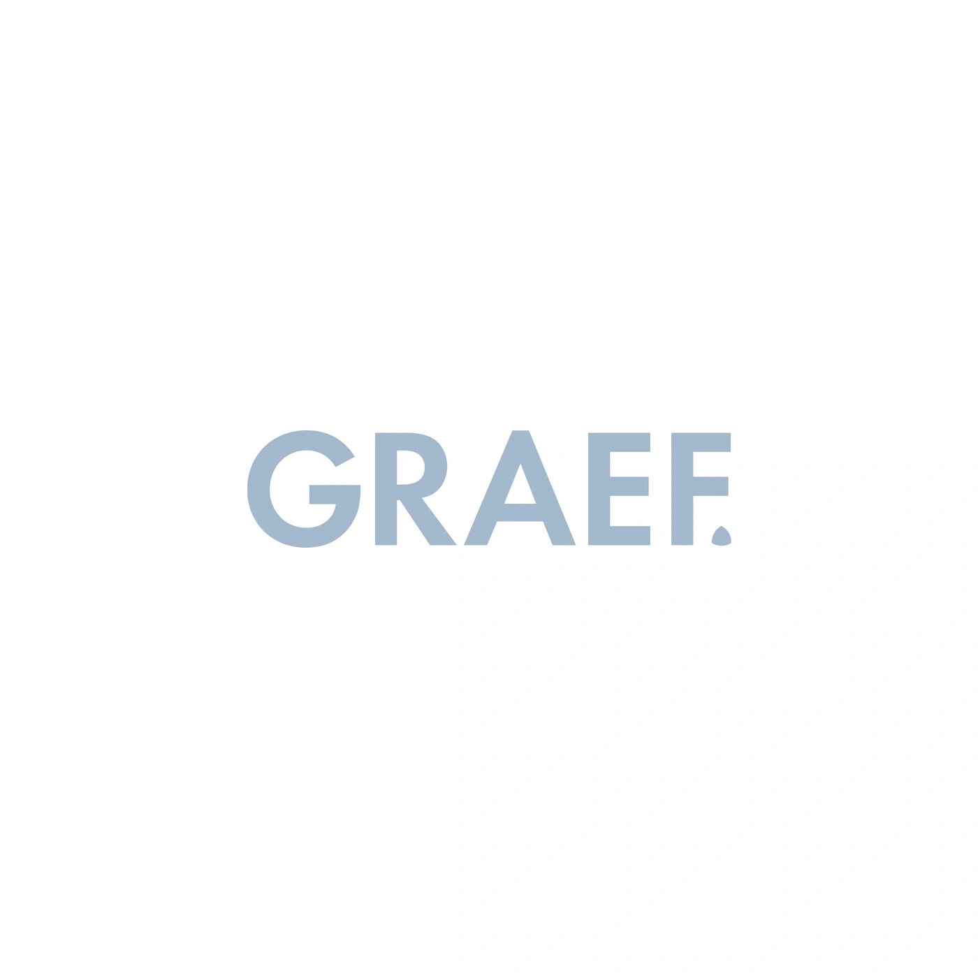 Graef Logo auf weißem Hintergrund, hellgraue Schrift, minimalistisch, Markenlogo