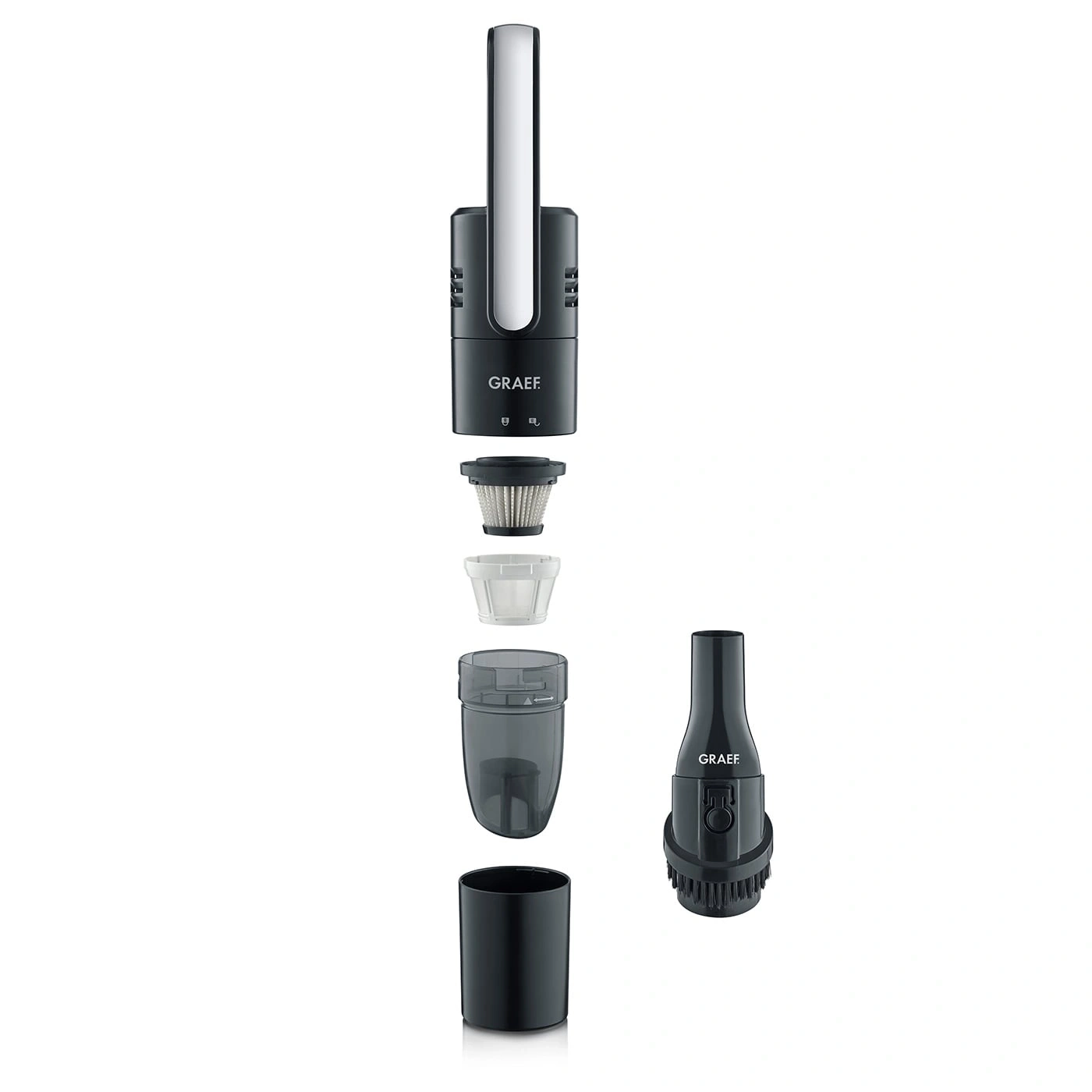 Disassembled vacuum cleaner with accessories, black, GRAEF logo, parts