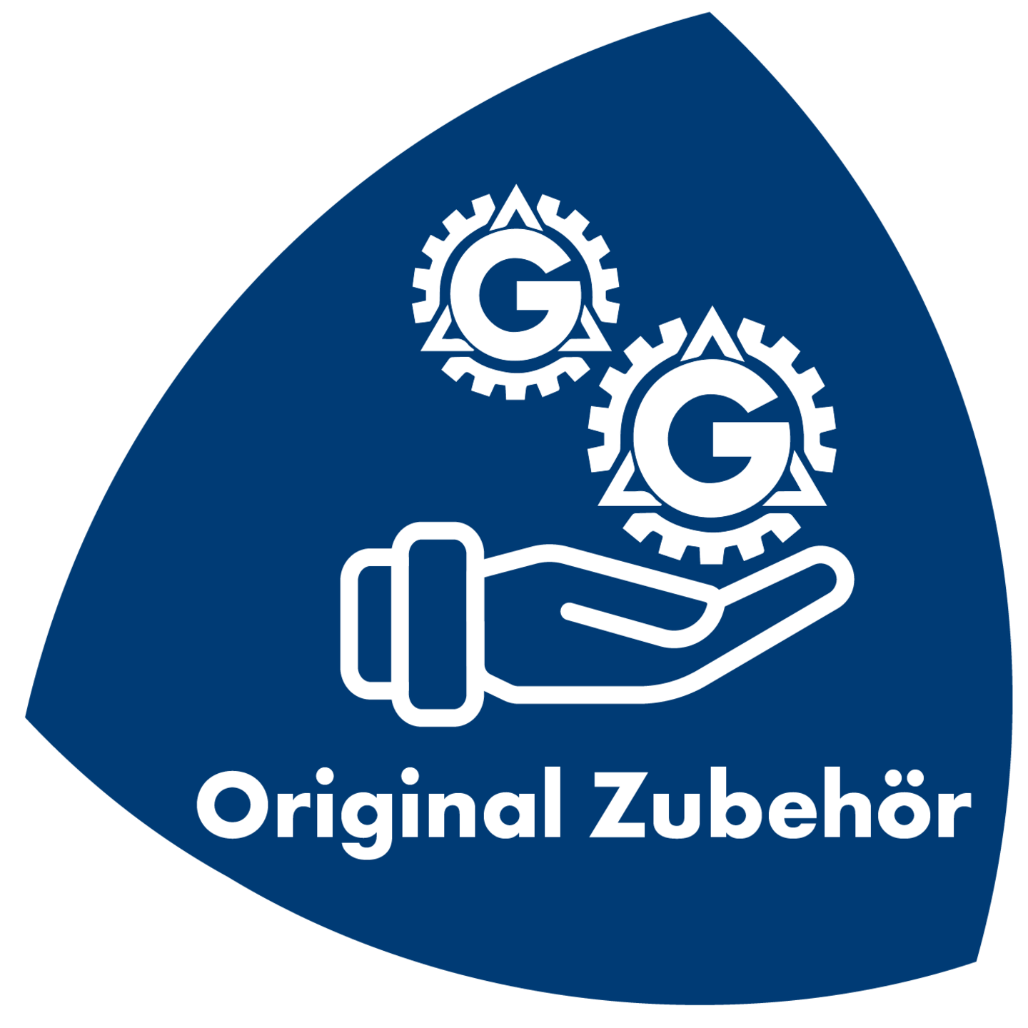 Blaues Logo mit Zahnrädern, Hand und Schriftzug Original Zubehör.
