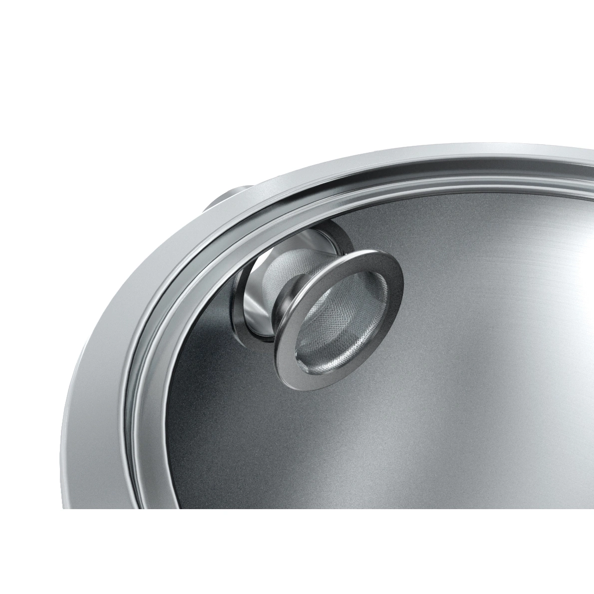 Close-up of a silver lid with a filter, shiny and clean, metallic surface.