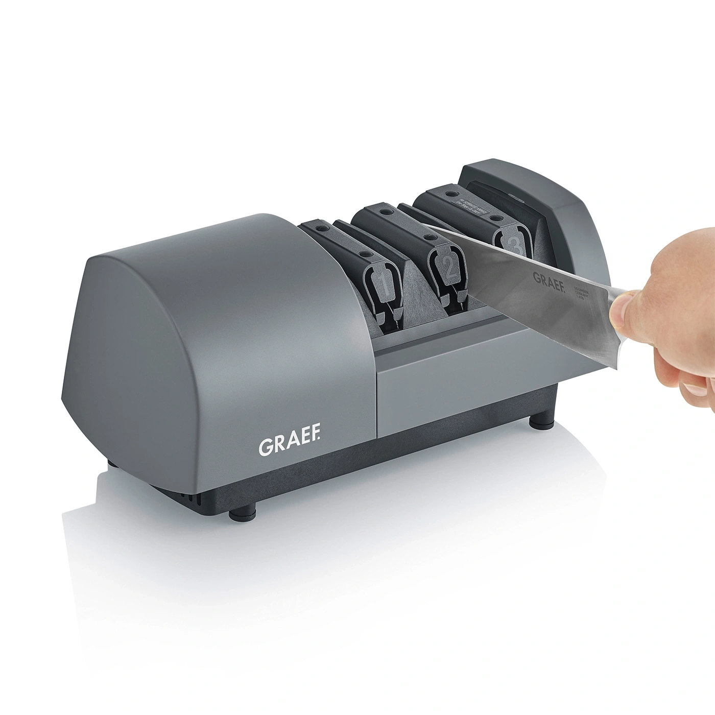 Graef knife sharpener, knife, hand, sharpening, kitchen, tool, gray, device, metal, blade