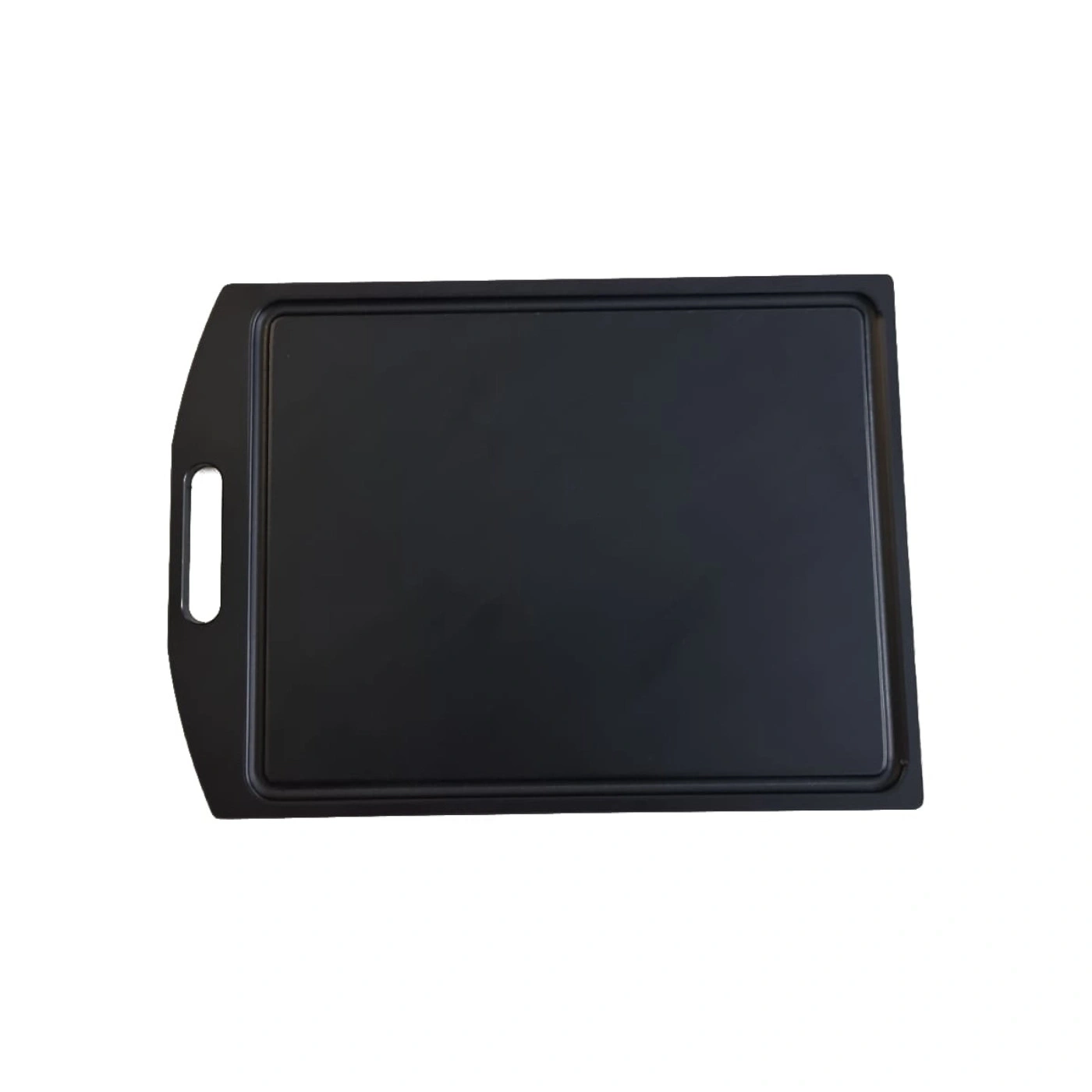 Black rectangular grill plate with handle, isolated on white background