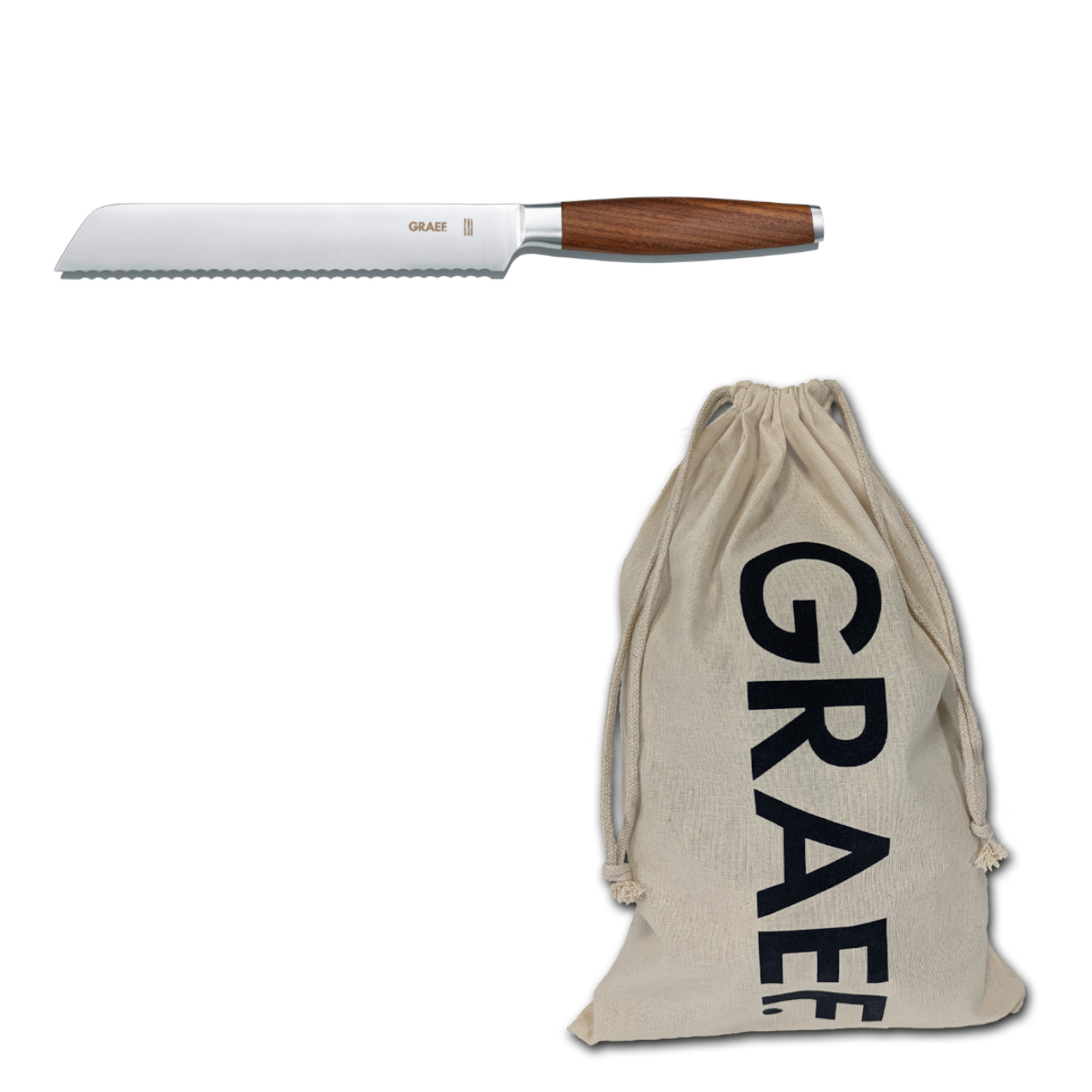 Bread knife and bag with GRAEF logo on a white background.