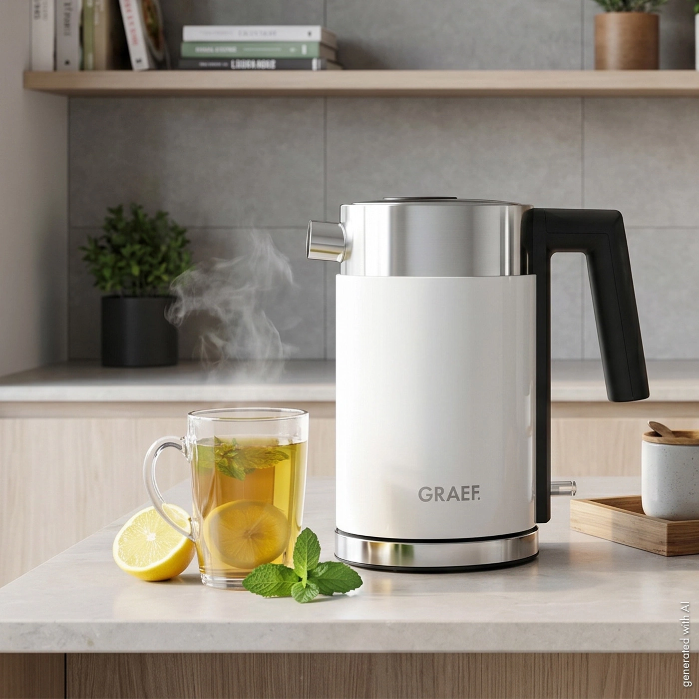 A kettle with steaming tea, lemon, and mint on a countertop.