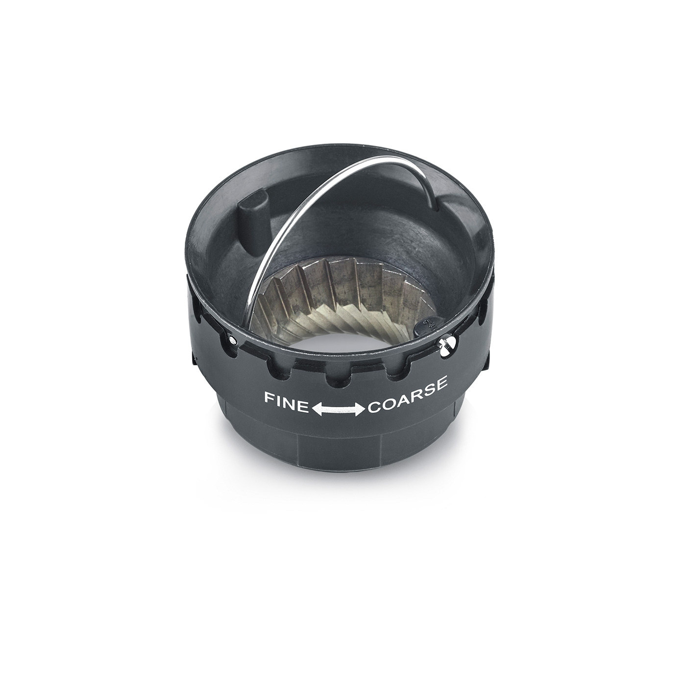 Schwarzer Kaffeemühle mit Einstellung für fein oder grob.