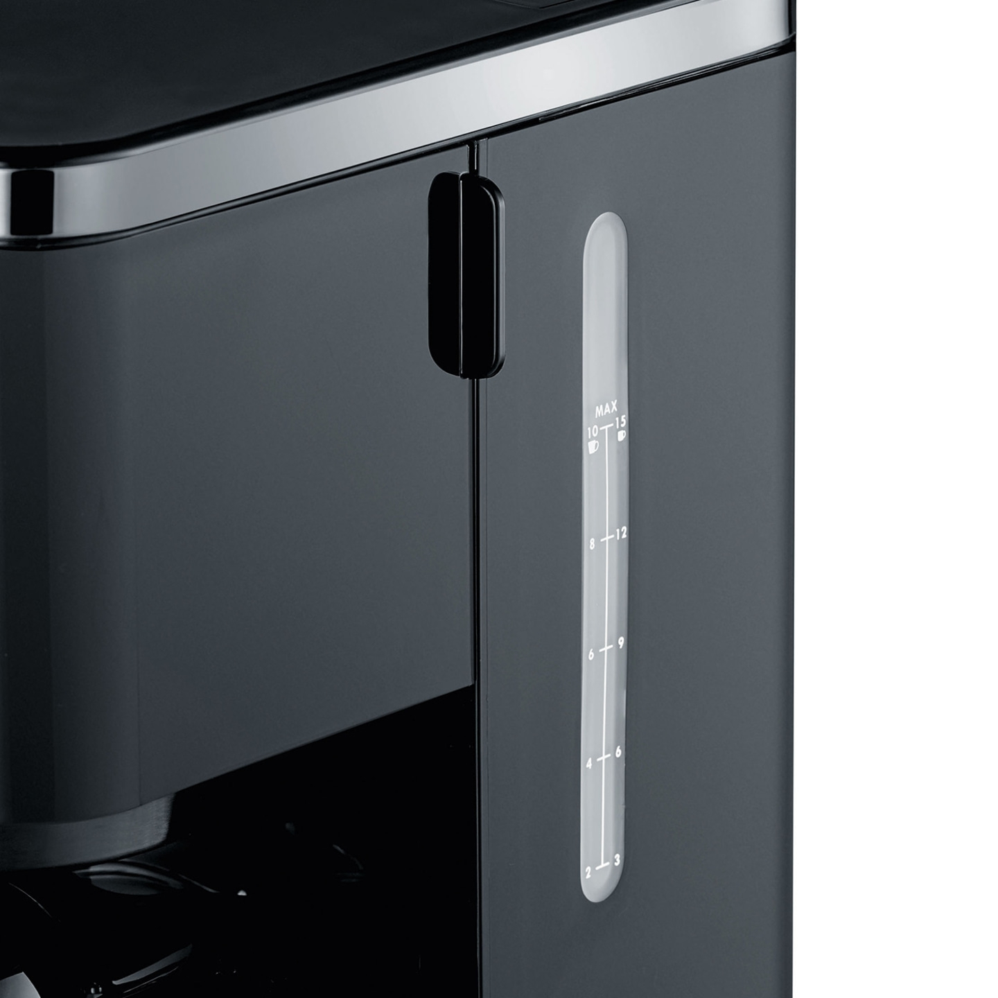 Kaffeemaschine, Wasserstandsanzeige, schwarzes Design, Küchengerät, Detailaufnahme, Nahaufnahme, modern