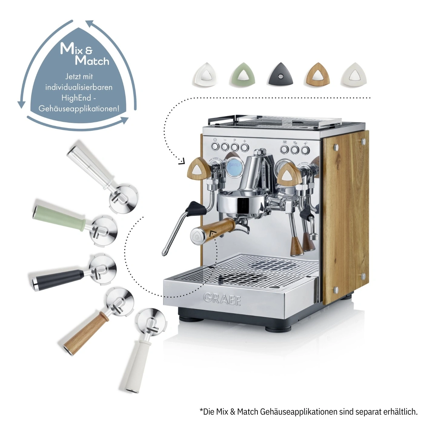 Espresso machine with interchangeable housing applications and portafilters in various colors.