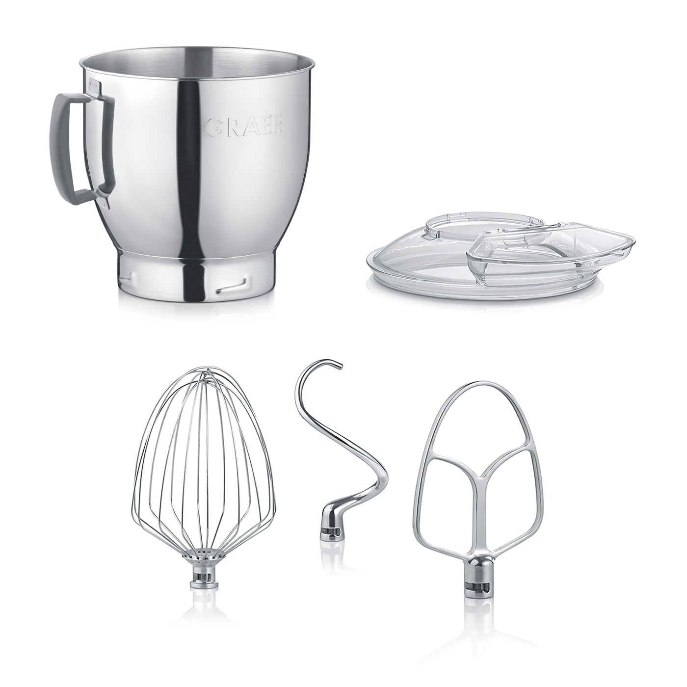 Küchenmaschine mit Zubehör: Schüssel, Deckel, Knethaken, Schneebesen, Rührwerkzeug