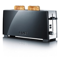 Schwarzer Toaster mit zwei Toastscheiben, Marke GRAEF, glänzend.