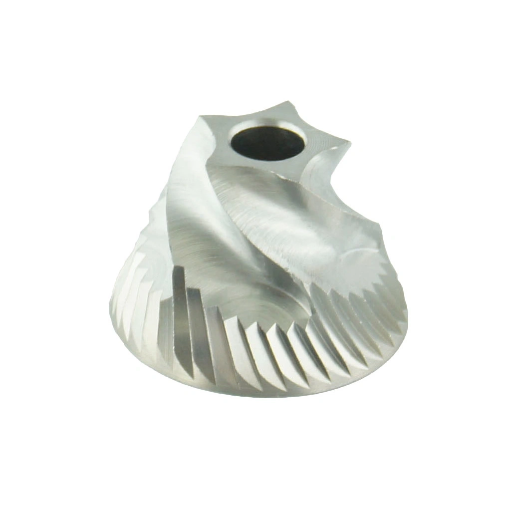 Metal part with spiral grooves and a hole in the middle, shiny and reflective
