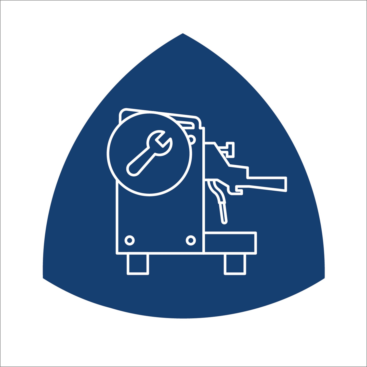 Kaffeemaschine mit Schraubenschlüssel im blauen Dreieck, Reparatur-Symbol