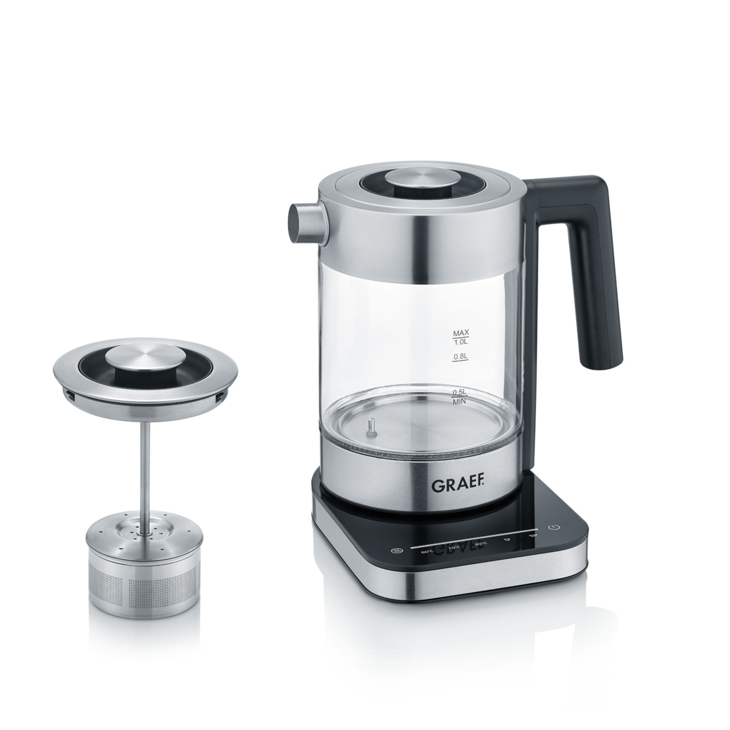 Wasserkocher mit Teefilter, Edelstahl und Glas, modern, elegant, hochwertig