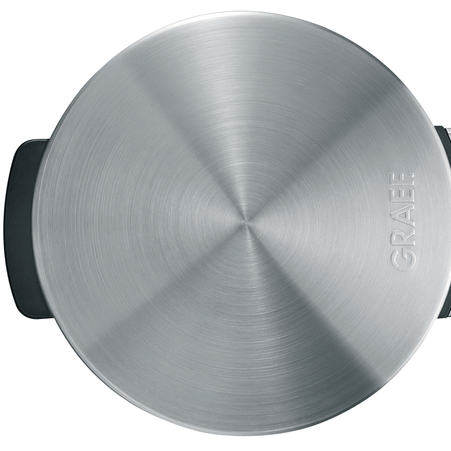 Graef-Gerät, kreisförmig, Metall, gebürstet, mit Griffen, Nahaufnahme, Logo