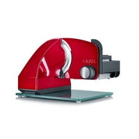 Rote Aufschnittmaschine mit Glasplatte und Drehknopf für präzise Schnitte.