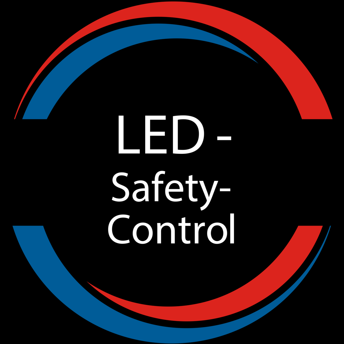LED Safety Control logo, blue and red arcs, white text on black background