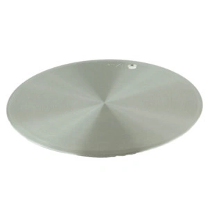 Silver, round metal plate with concentric circles and a hole in the center.
