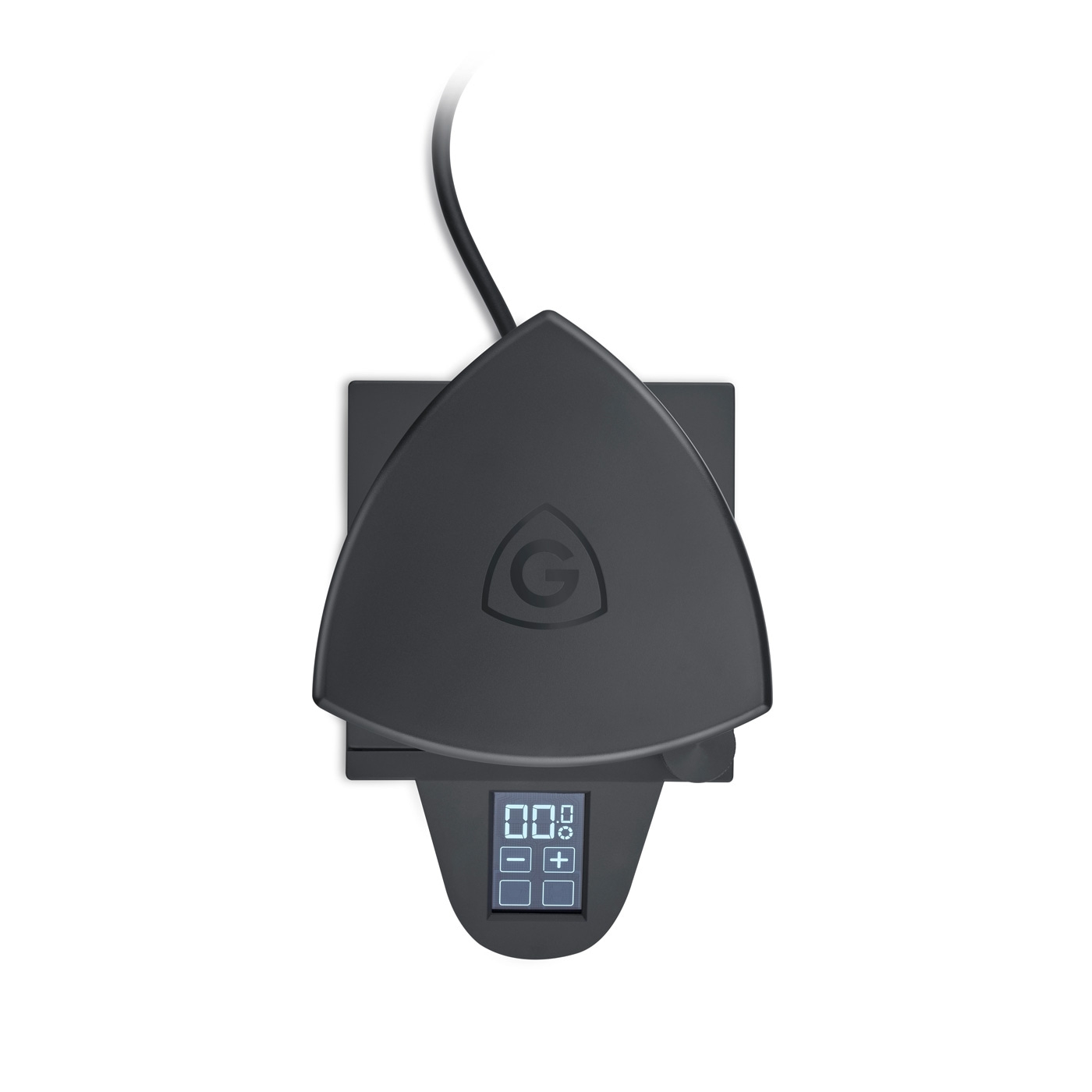 Schwarze Waage mit Display und Logo, Kabelanschluss, elektronisch, modern