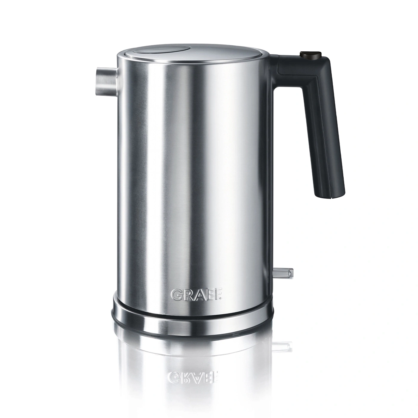 Stainless steel kettle with black handle and GRAEF logo, shiny