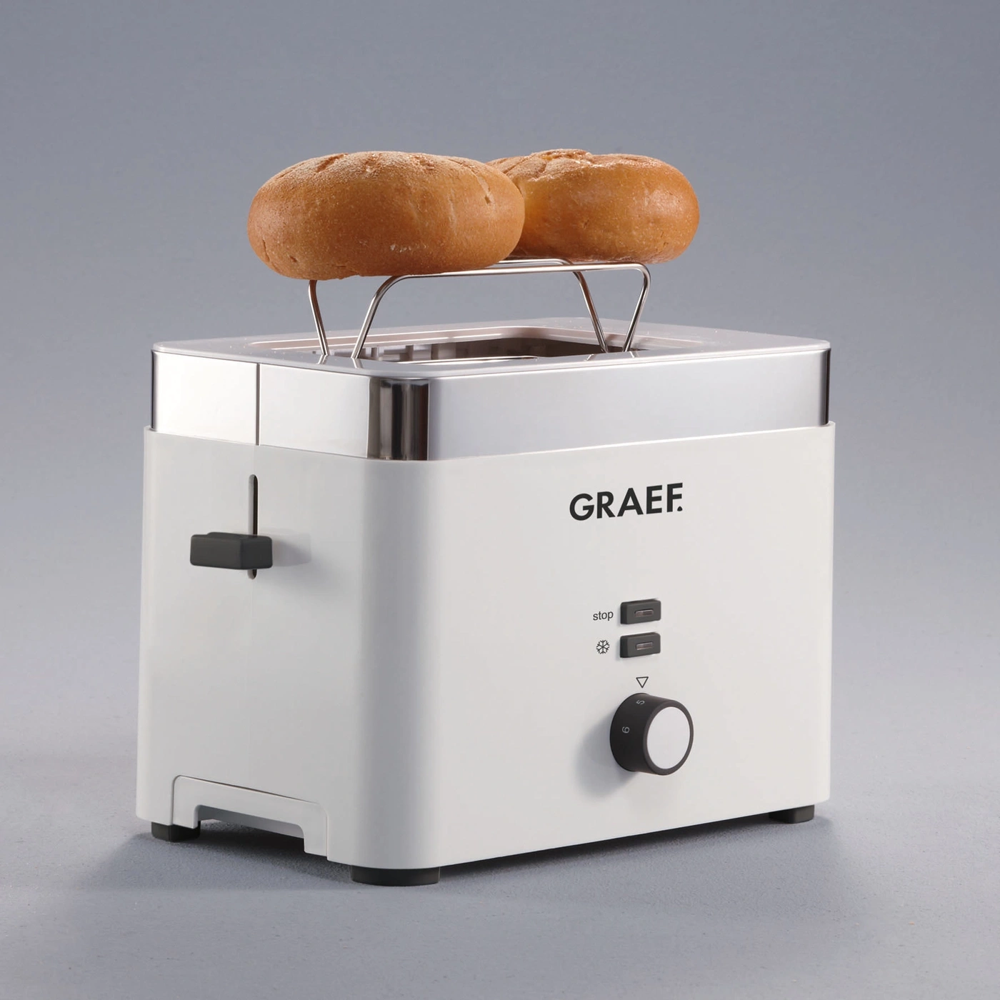 White toaster with buns, GRAEF logo, buttons, and a dial for settings.