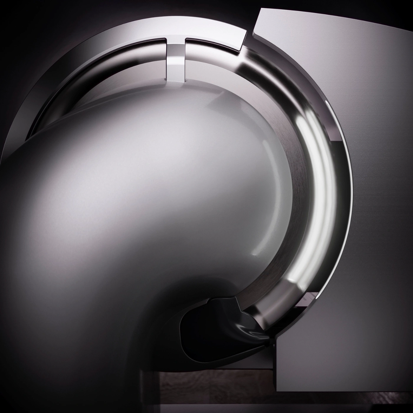Abstract metallic structure with shiny surfaces and elegant curves, minimalist design