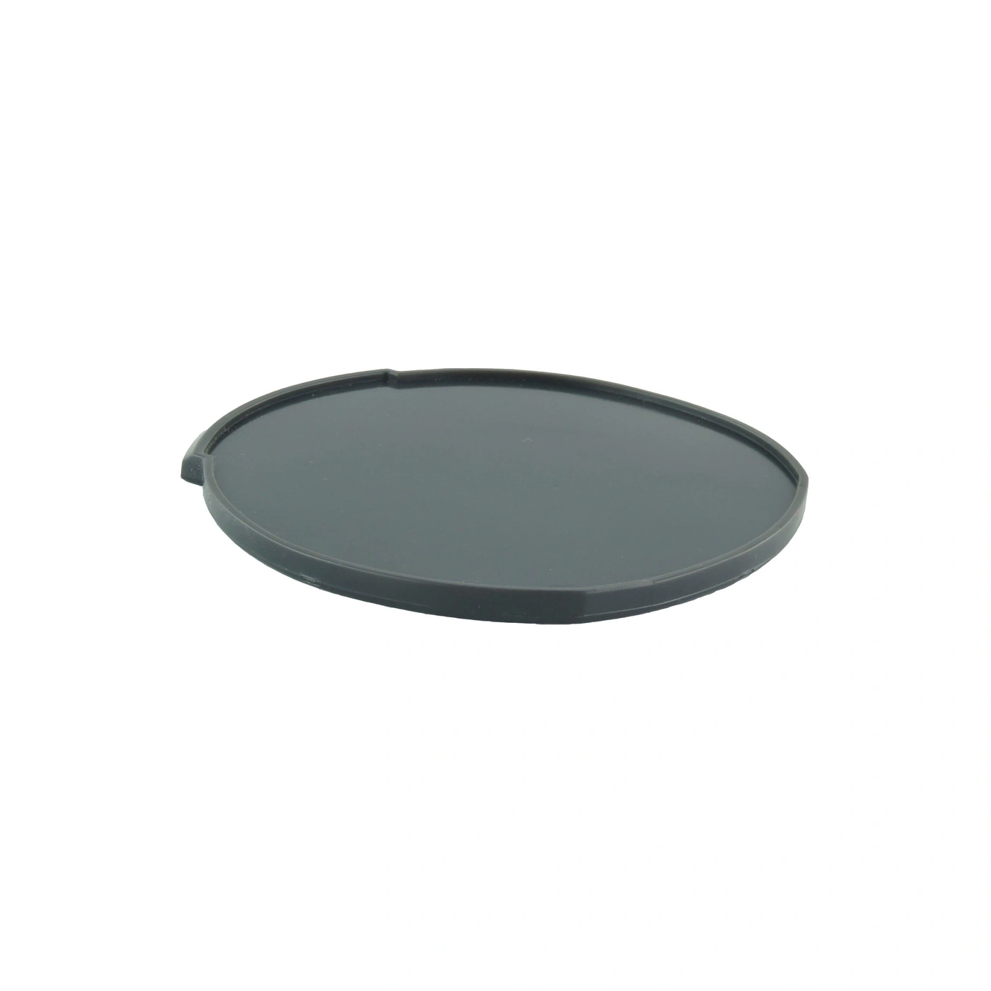 Black lid, round, with a small notch, isolated on a white background.