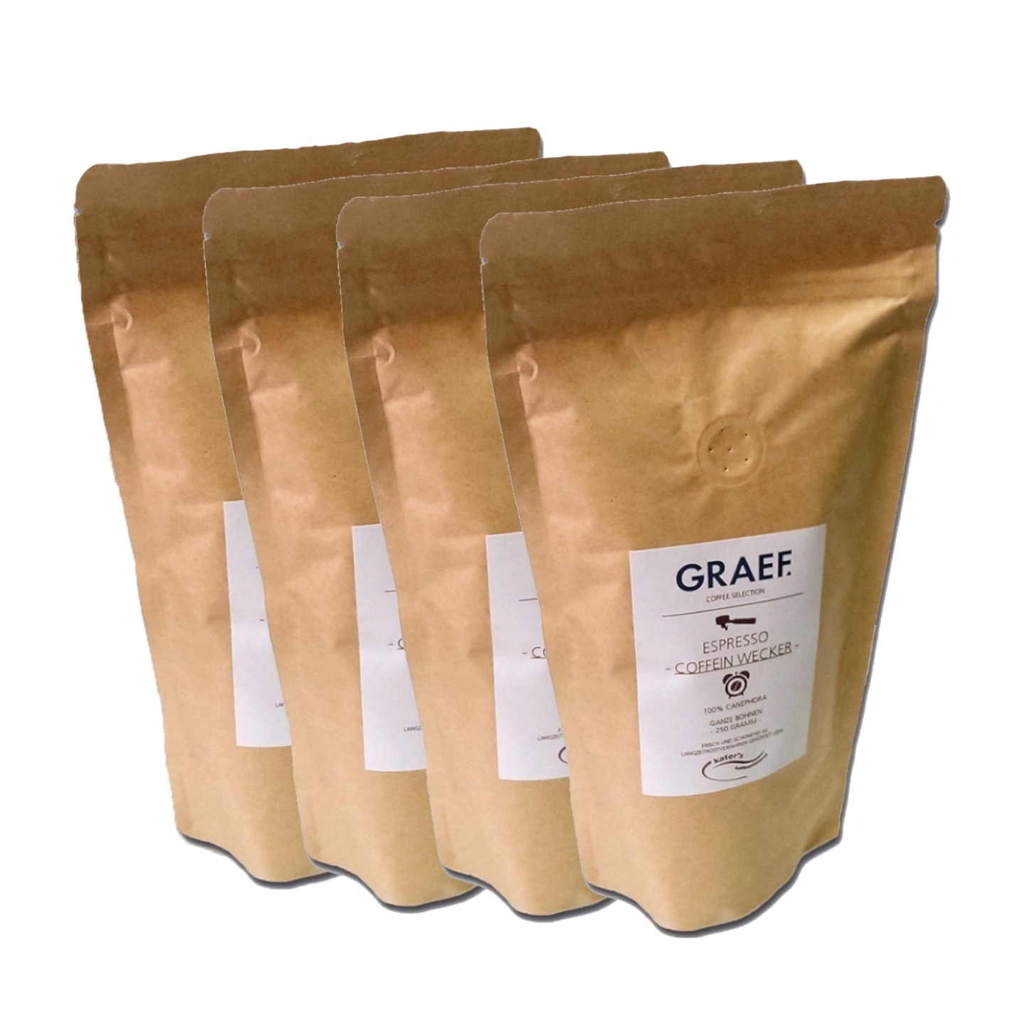 Vier Kaffeepackungen mit der Aufschrift GRAEF Espresso Coffein Wecker.
