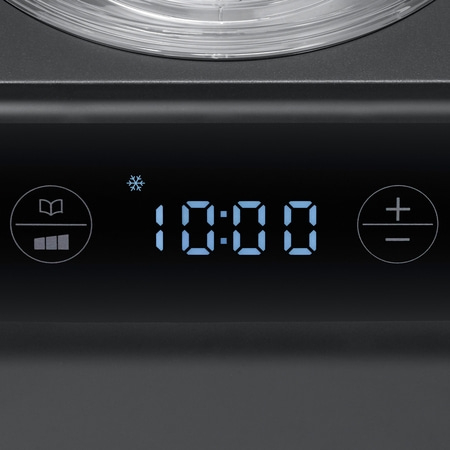 Digitalanzeige mit Uhrzeit 10:00, Symbolen und Bedienelementen für Einstellungen.