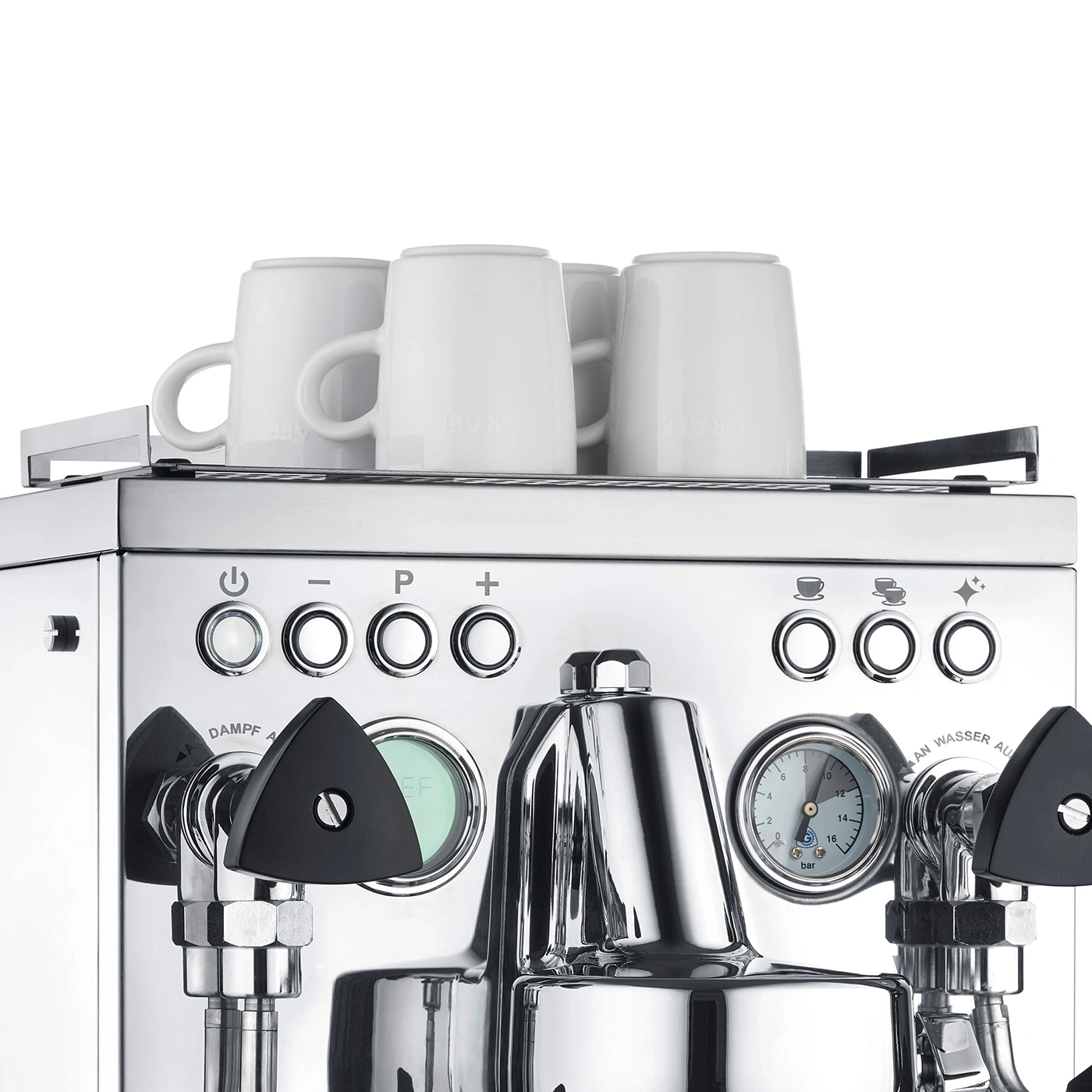Espresso machine with cups, buttons, and gauges. Shiny metal finish.