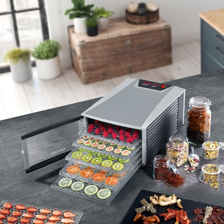 Lebensmitteltrockner mit Früchten und Gemüse, Gläsern und Kräutern auf dem Tisch