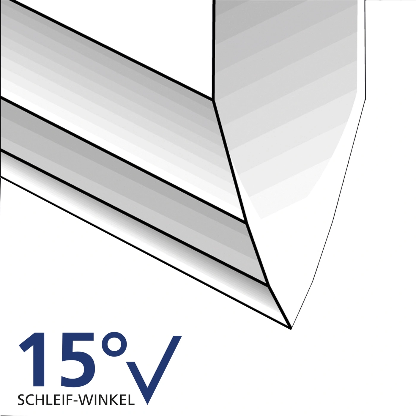 Graphic with 15 degree angle, grinding angle, gray gradients, black lines, white background