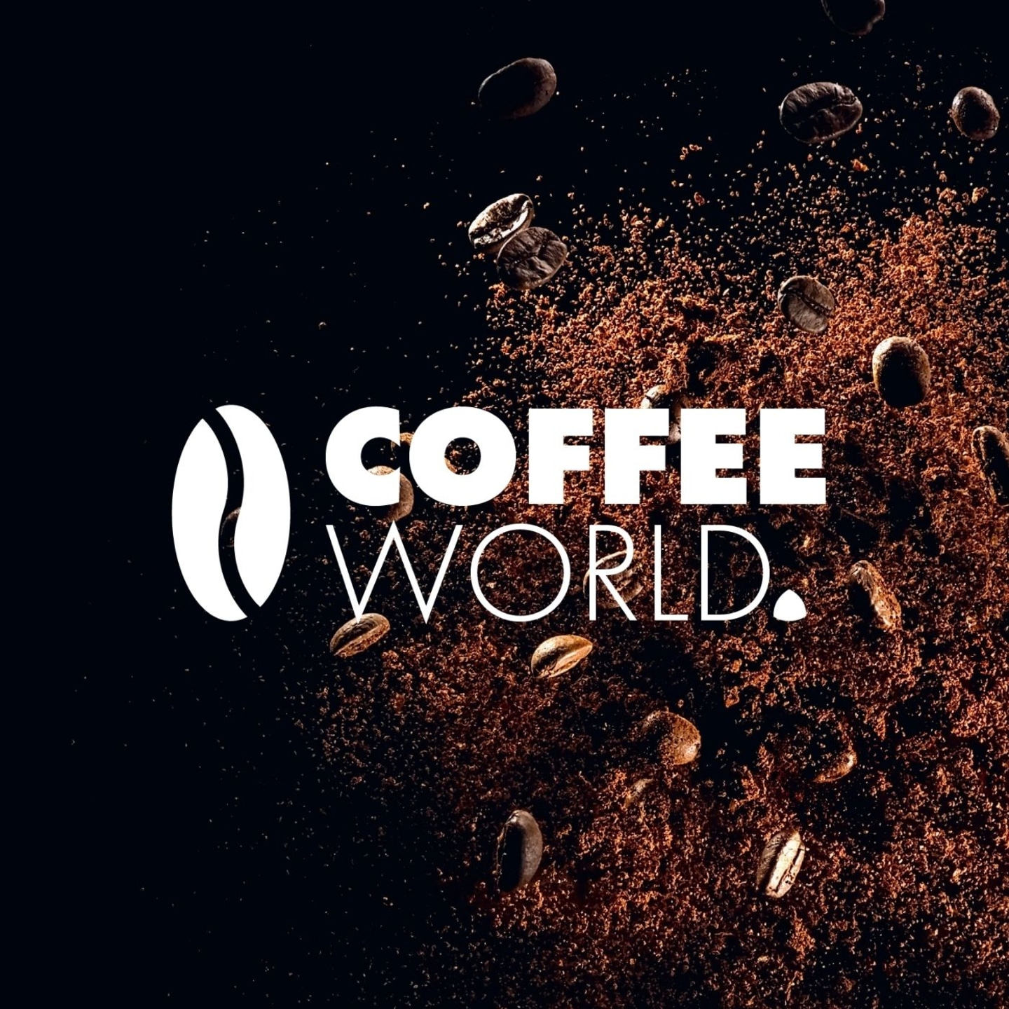 Coffee beans and powder with 'Coffee World' text on a black background.