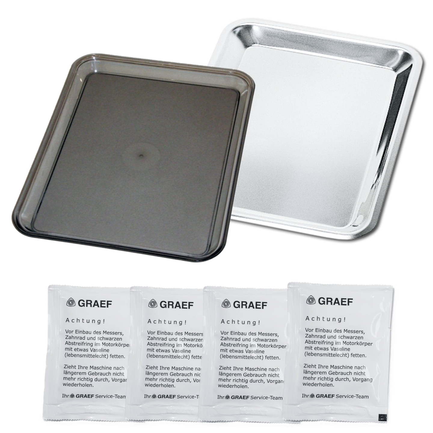 Tablett und vier GRAEF-Beutel mit Text. Achtung! Vaseline für Maschine.