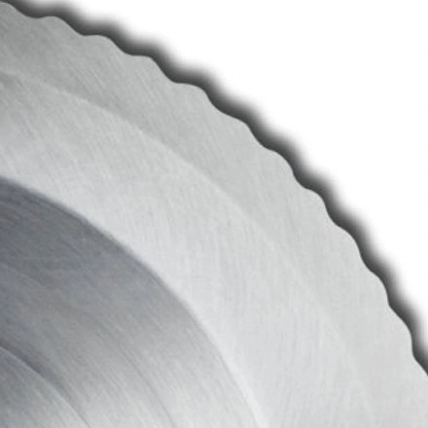 Circular saw blade with teeth, metal, gray, close-up, isolated on white background