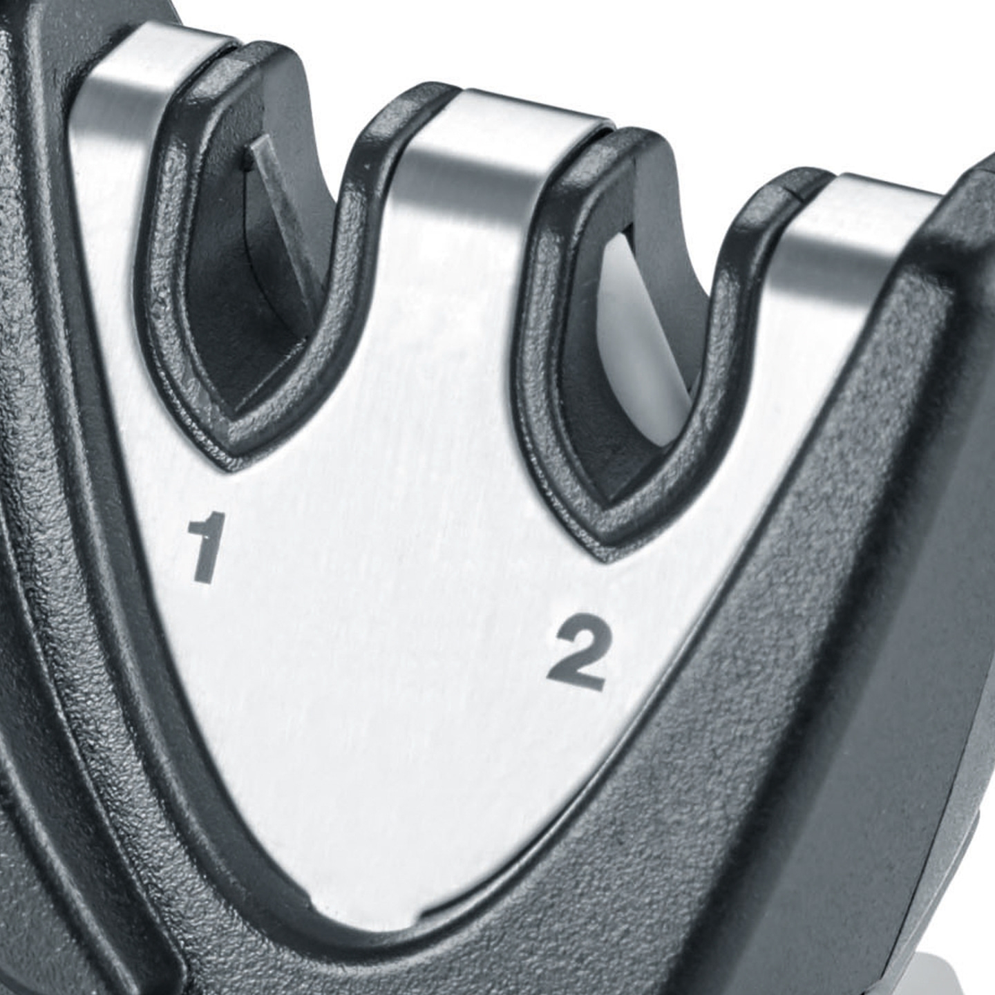 Messerschärfer mit zwei Schlitzen, markiert mit den Zahlen 1 und 2.