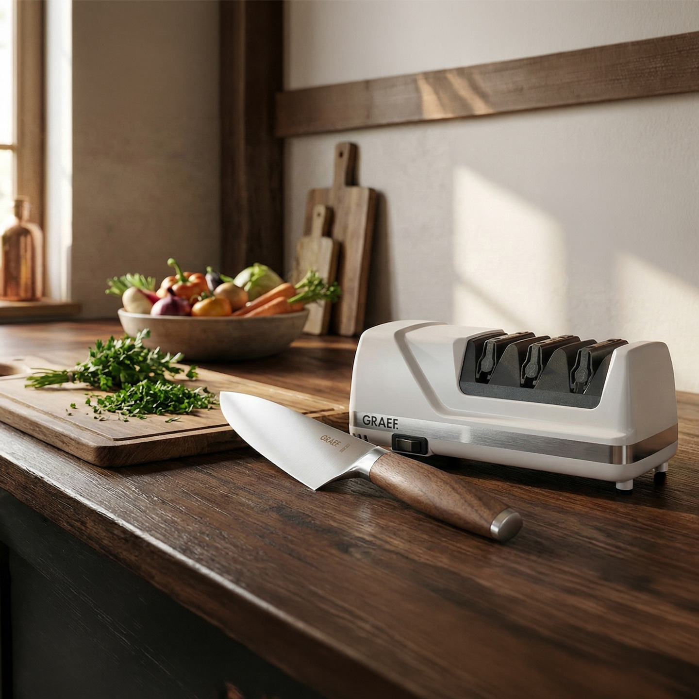 A knife and sharpener on a wooden surface with vegetables in the background.
