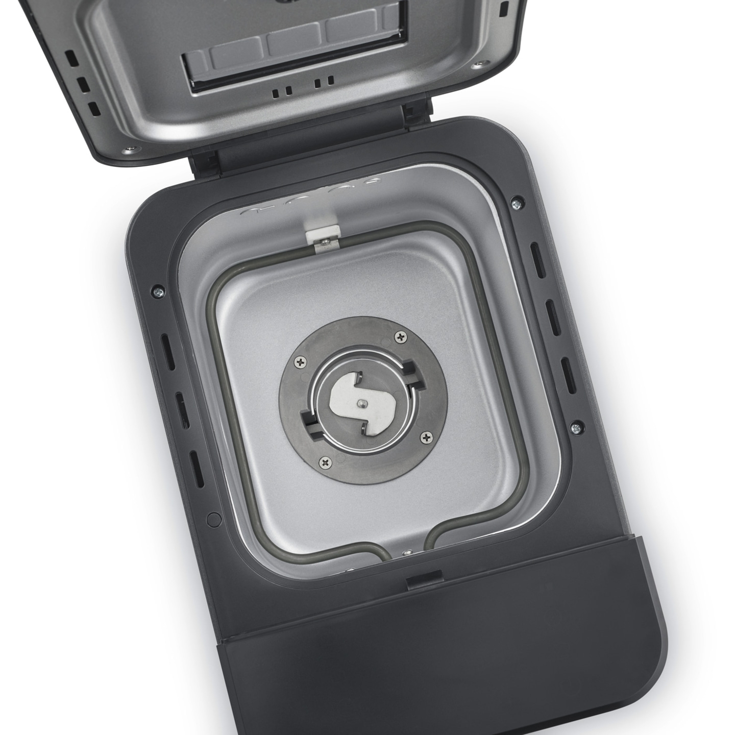 Bread maker, open, interior view, heating coil, baking pan, lid, detail shot, close-up
