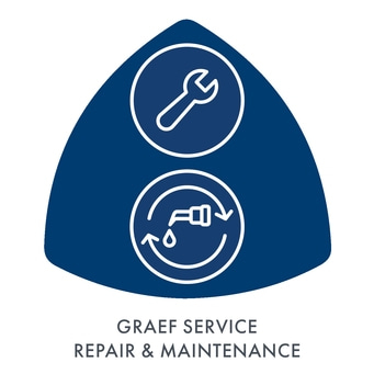 Blue triangle with wrench and faucet, repair and maintenance service.