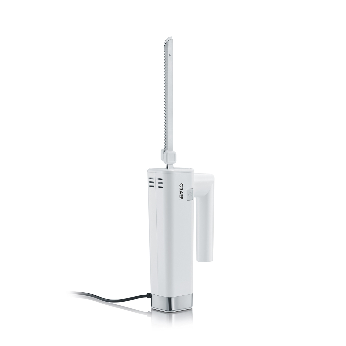 Elektrisches Messer, weiß, mit Klinge, Griff und Kabel, GRAEF-Logo.