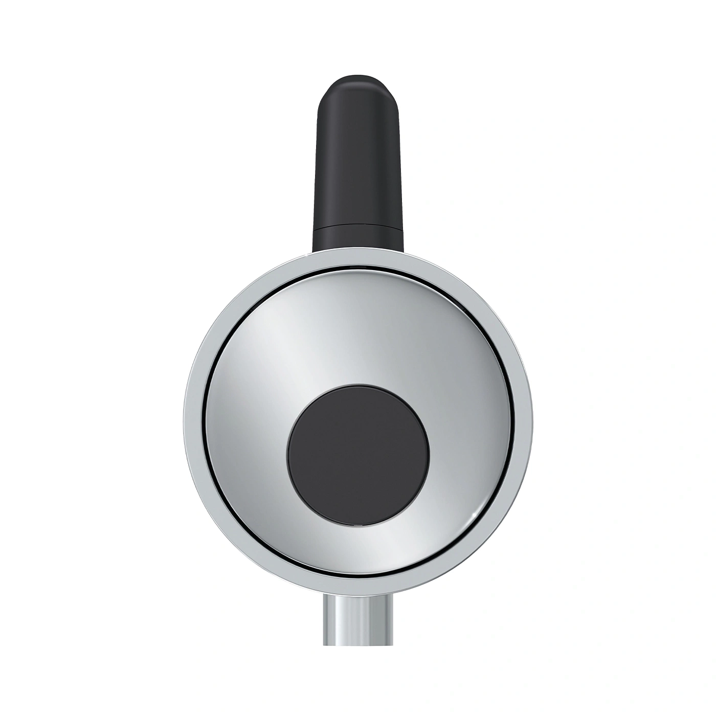 Close-up of a silver round object with a black button and antenna
