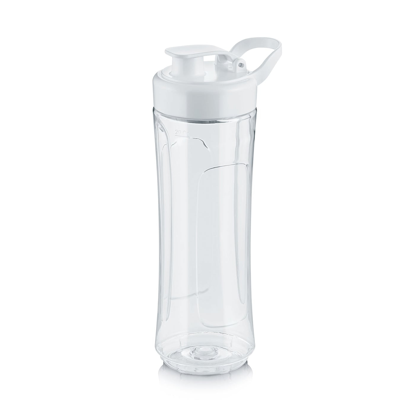 Transparente Trinkflasche mit weißem Deckel und Griff, isoliert auf weißem Hintergrund