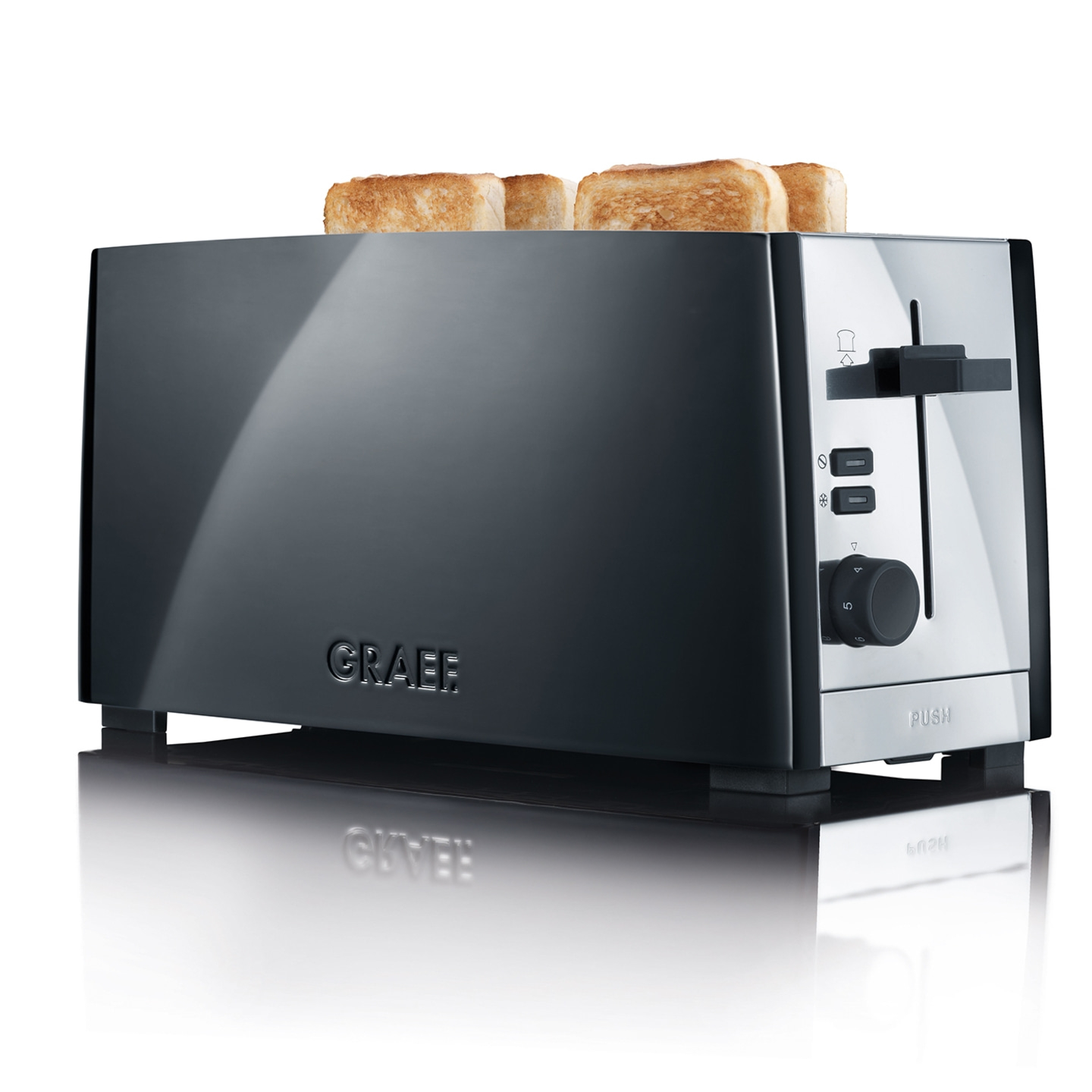 Schwarzer Toaster mit Toastbrot, Marke Graef, Edelstahl-Details, modernes Design.