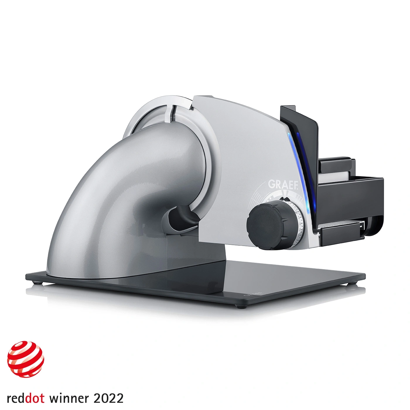 A silver Graef slicer with red dot award seal