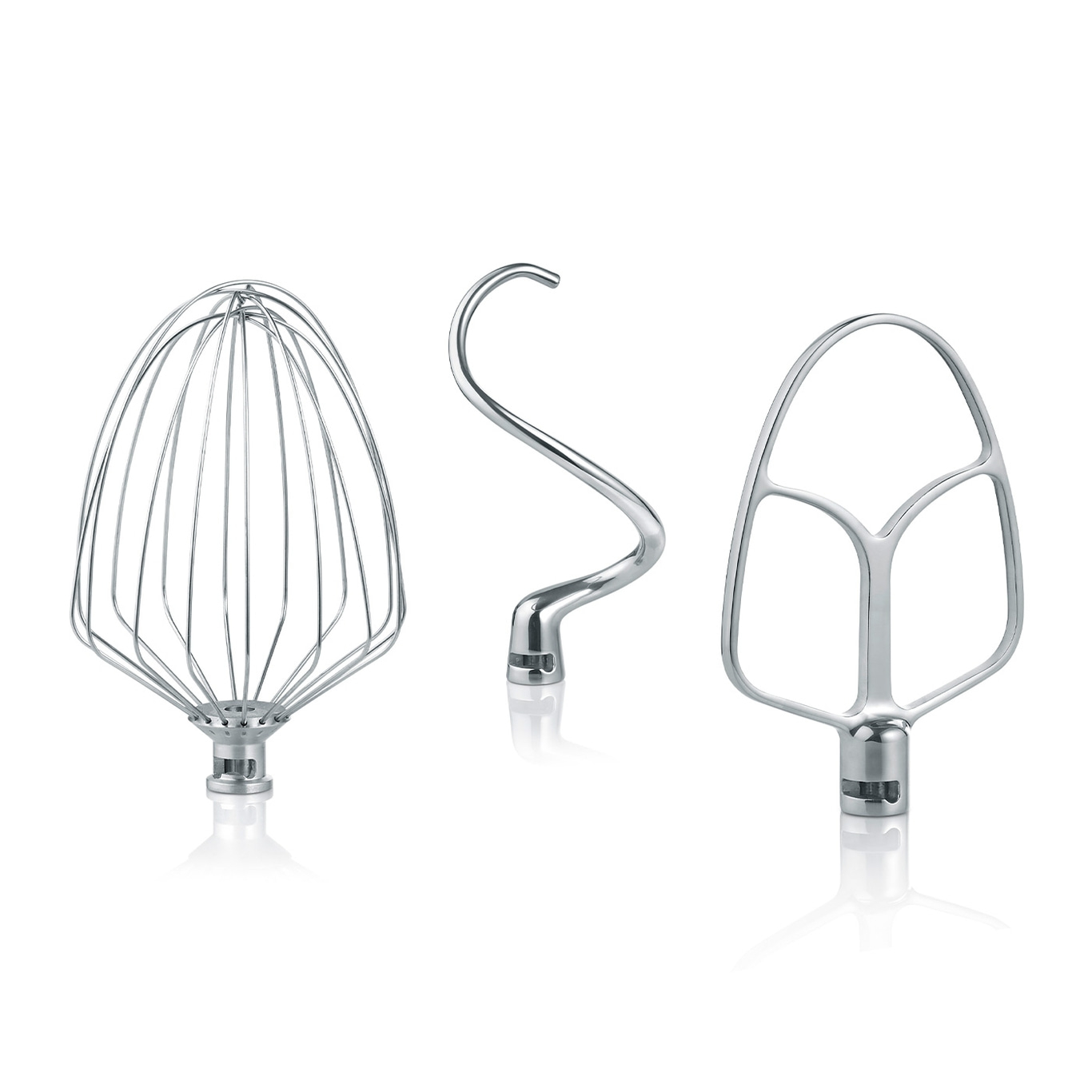 Drei Küchenmaschinenaufsätze: Schneebesen, Knethaken, Flachrührer, Edelstahl.