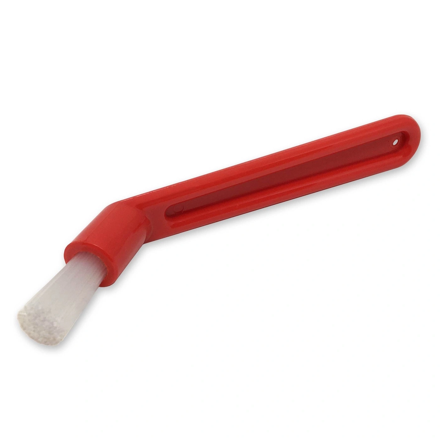 Red coffee brush cleaner with white brush head on a white background