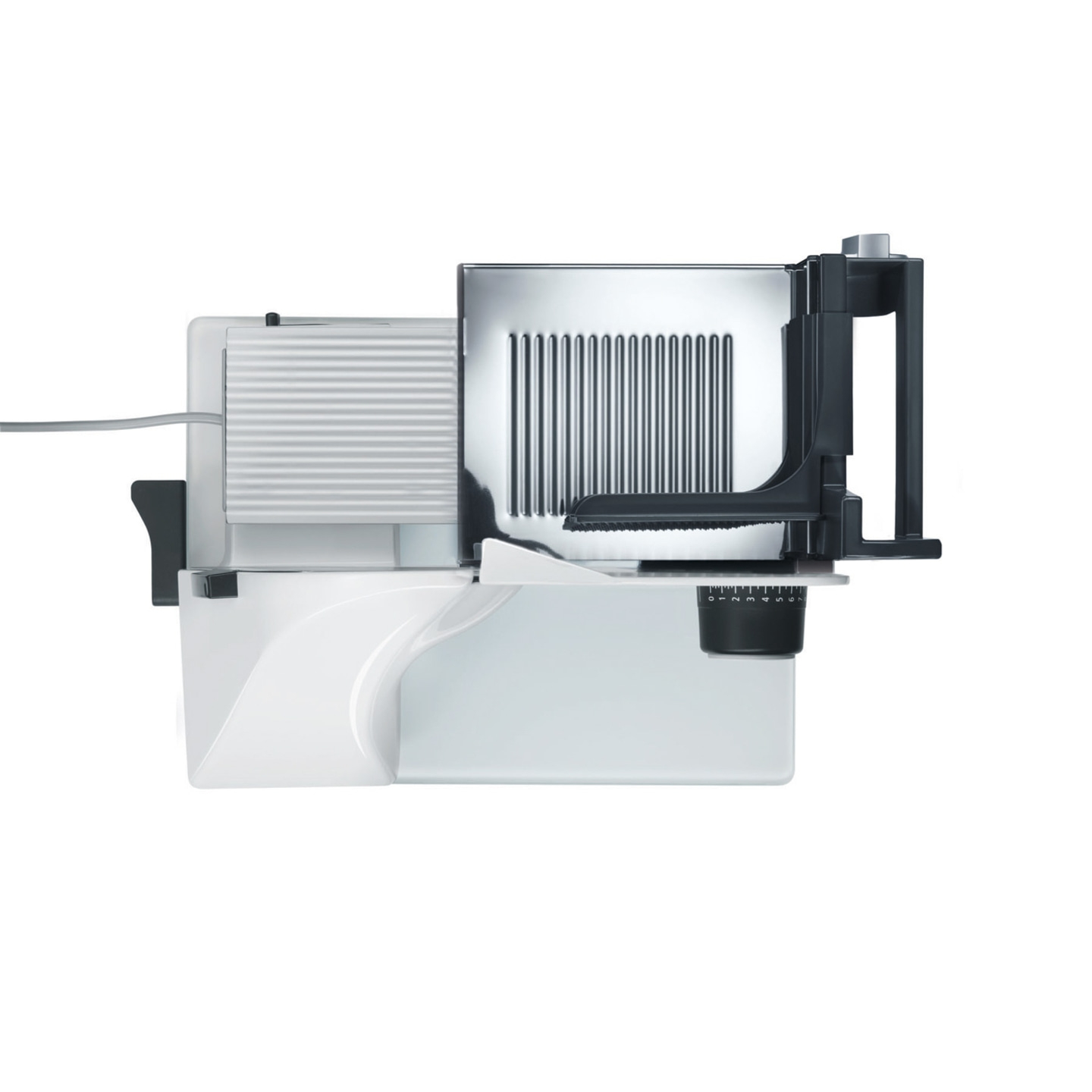 Elektrische Aufschnittmaschine, weiß, mit schwarzem Griff und Einstellrad für die Dicke.