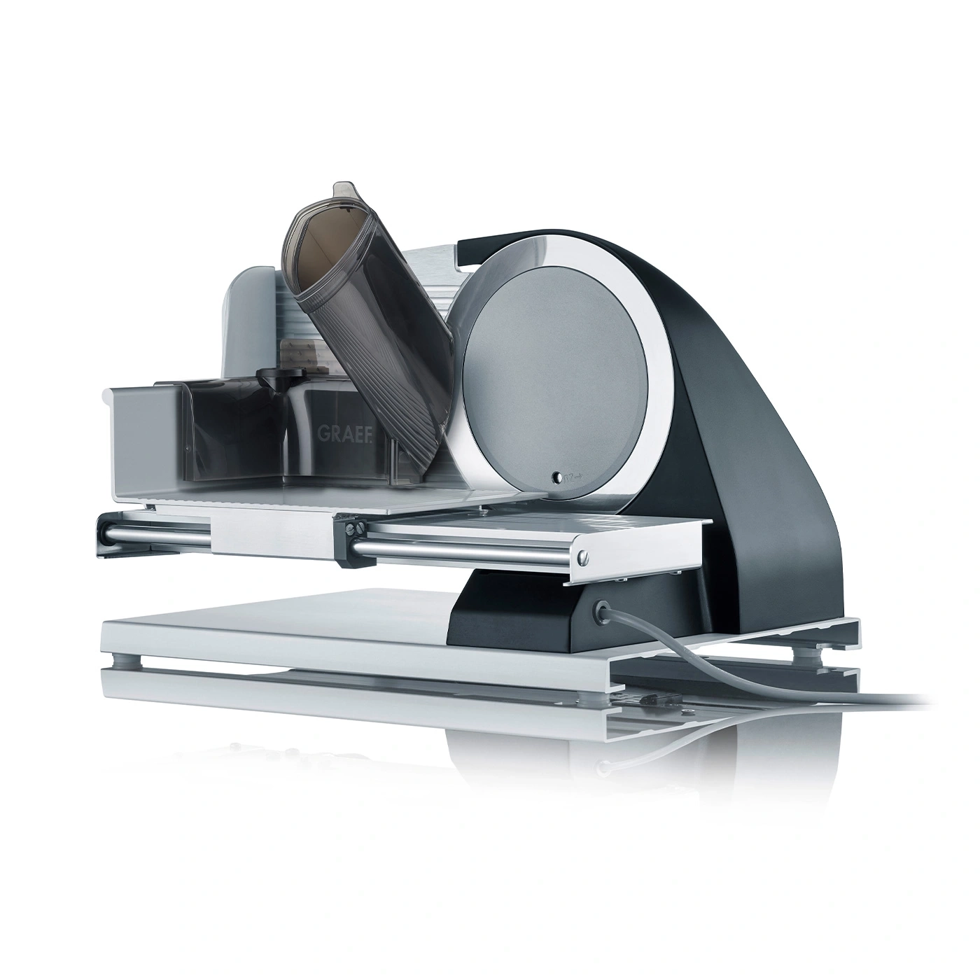 Graef electric slicer, black, with cutting blade and accessories, close-up shot