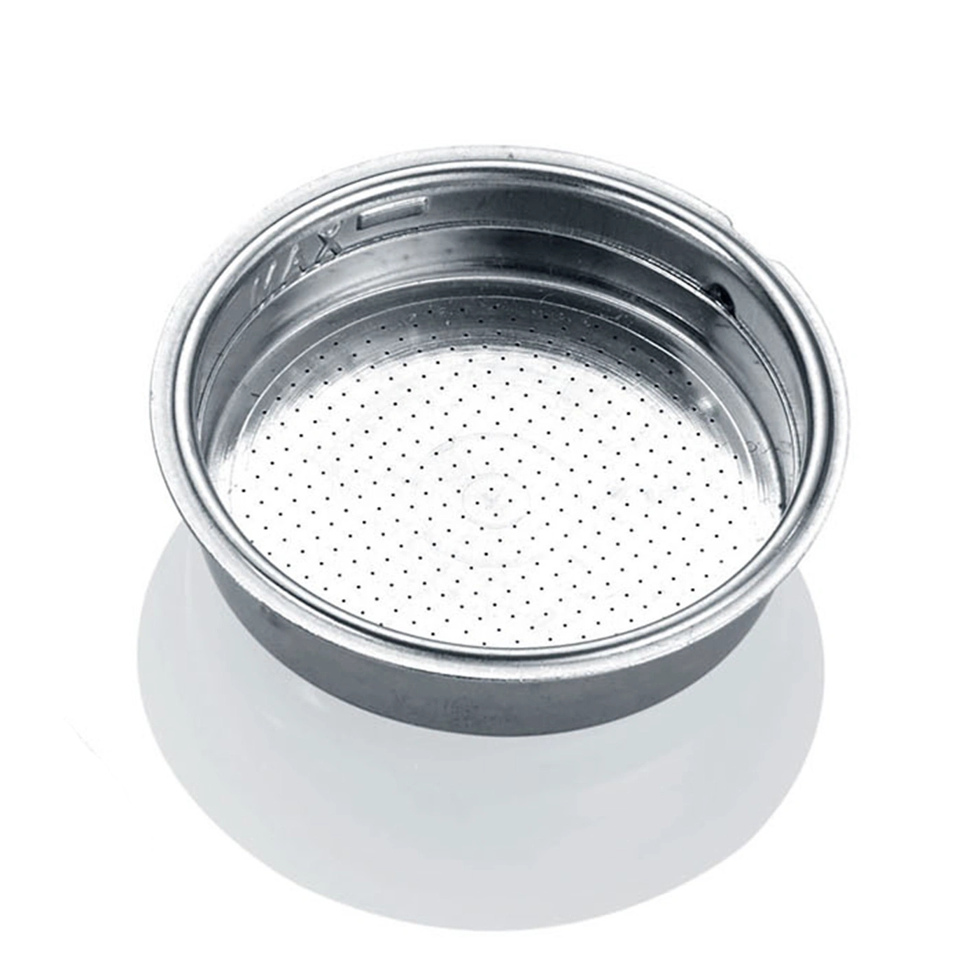 Stainless steel coffee filter with holes, for espresso, close-up, isolated on white
